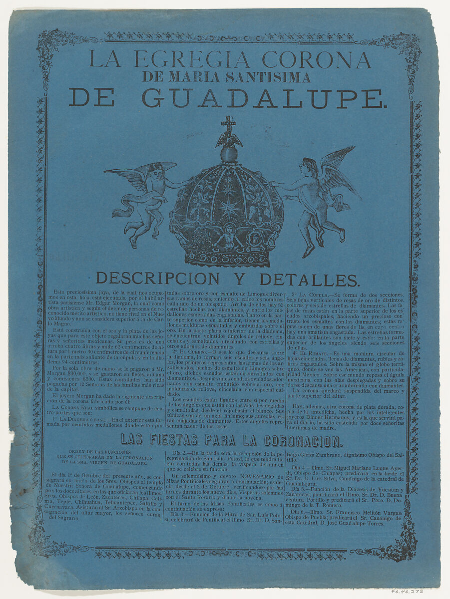 Broadsheet relating to the crown of the Virgin of Guadalupe, ? José Guadalupe Posada (Mexican, Aguascalientes 1852–1913 Mexico City), Type-metal engraving and letterpress on blue paper 