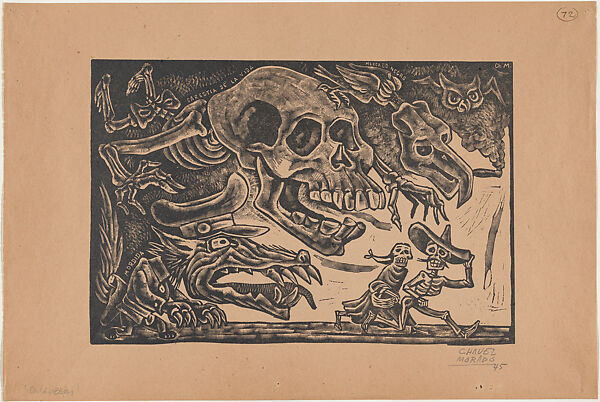 Oversized skulls representing evil forces (the black market, bribes and famine) chasing two skeletons, José Chávez Morado (Mexican, 1909–2002), Linocut on tan  paper 