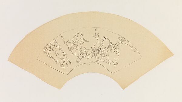 Pomegranate, Daylily, and Poem, after Yun Shouping, Xie Zhiliu (Chinese, 1910–1997), Drawing; ink on tracing paper, China 
