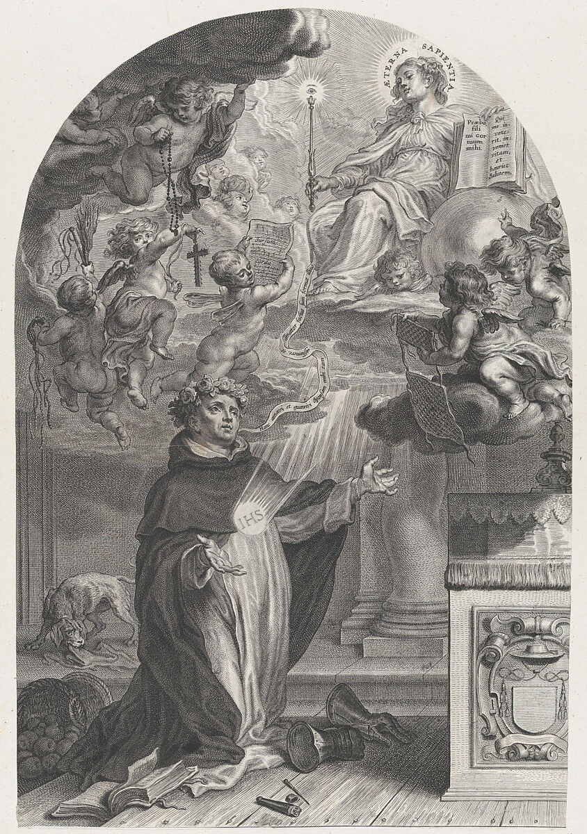 The Blessed Henry Suso Kneeling before Eternal Wisdom, Cornelis Galle I (Netherlandish, Antwerp 1576–1650 Antwerp), Engraving 