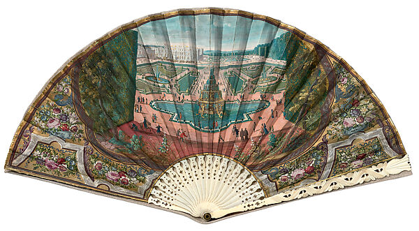 View of the Pyramid Fountain in the Gardens of Versailles, Paper leaf, engraved and painted in gouache, gilded; sticks and guards: carved and pierced ivory, French 