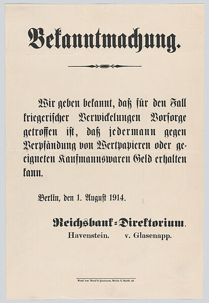 Bekanntmachung, Anonymous, Commercial lithograph 