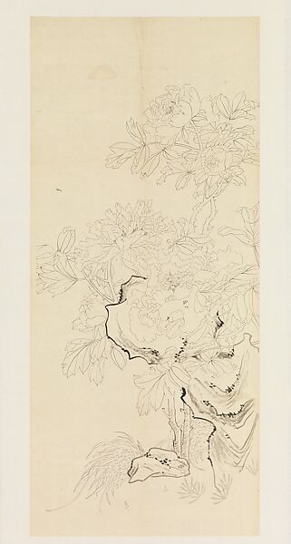 Peonies and Rock, Xie Zhiliu (Chinese, 1910–1997), Drawing mounted as a hanging scroll; ink on tracing paper, China 
