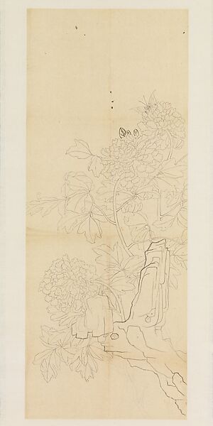Peonies, Rock and Butterfly, Xie Zhiliu (Chinese, 1910–1997), Drawing mounted as a hanging scroll; pencil and ink on tracing paper, China 