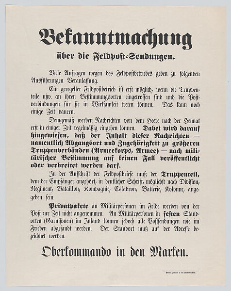 Bekanntmachung, Anonymous, Commercial lithograph 