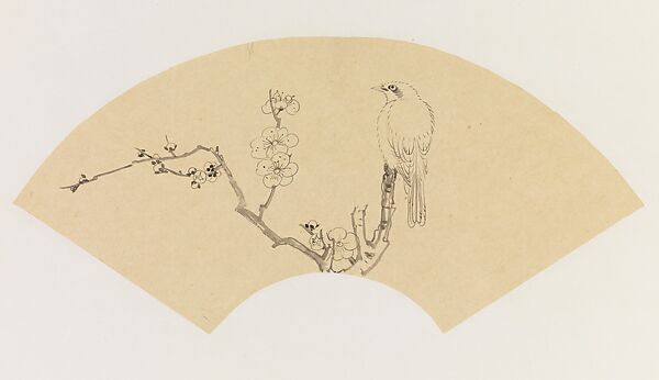 Bird on a Branch of Blossoming Plum, after Chen Hongshou, Xie Zhiliu (Chinese, 1910–1997), Drawing; ink and pencil on tracing paper, China 