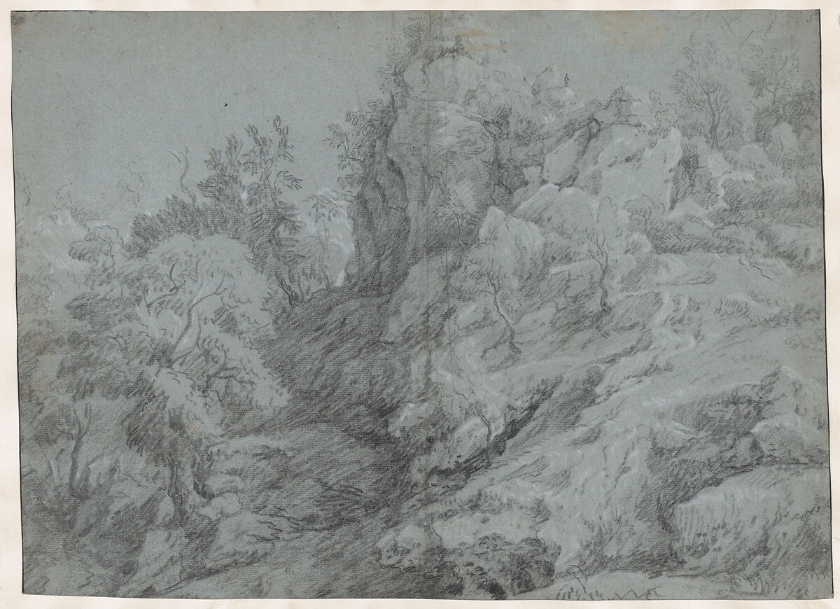 A wooded and rocky landscape, Raphael Lamar West (British, London 1769–1850 Bushey Heath), Black and white chalk on blue paper 