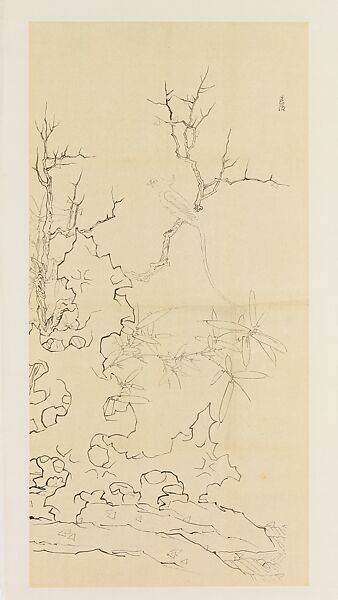 Rock, Bamboo, and Bird on a Branch, after Chen Hongshou, Xie Zhiliu (Chinese, 1910–1997), Drawing mounted as a hanging scroll; ink on tracing paper, China 