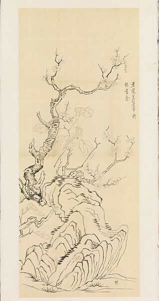 Bird, Blossoming Plum, and Rock, after Chen Hongshou, Xie Zhiliu (Chinese, 1910–1997), Drawing mounted as a hanging scroll; ink on paper, China 
