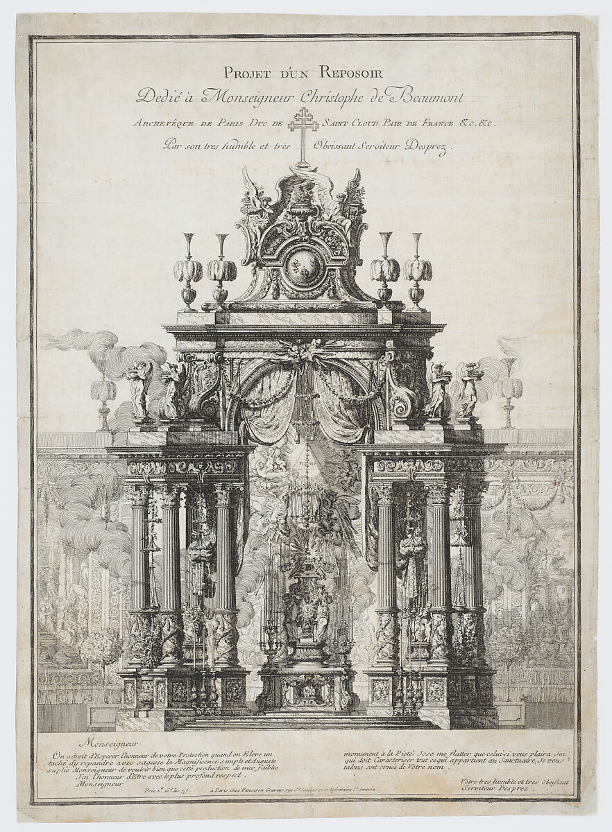 Design for the Decoration of the Altar to be erected during the Holy Week, Dedicated to Monseigneur Christophe de Beaumont, Archbishop of Paris, Louis Jean Desprez (French, Auxerre 1743–1804 Stockholm), Etching 