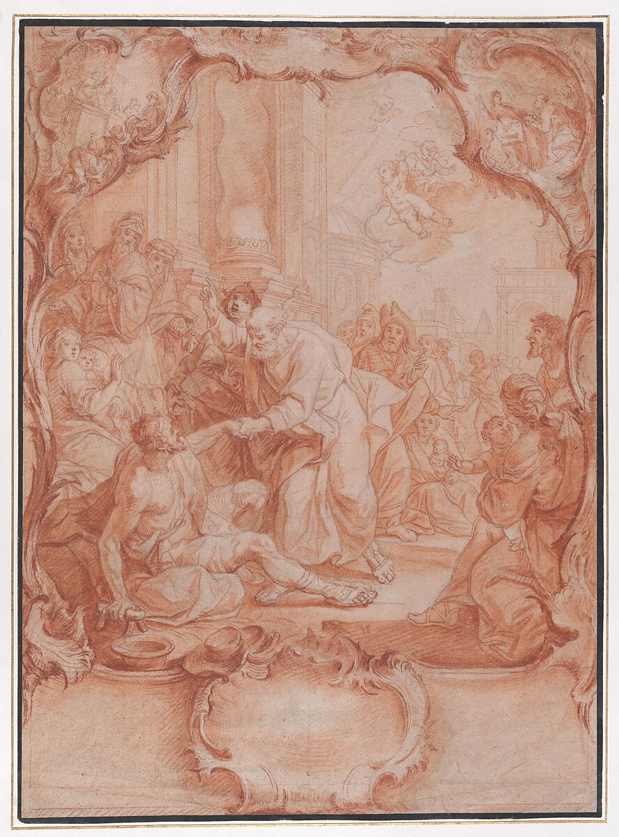 Scene with Saint Peter Healing the Lame in a Rocaille Cartouche, Johann Lorenz Haid (German, Kleineislingen 1702–1750 Augsburg), Red chalk, over black chalk, red wash; framing line black ink, probably by the artist; verso: made red with chalk 