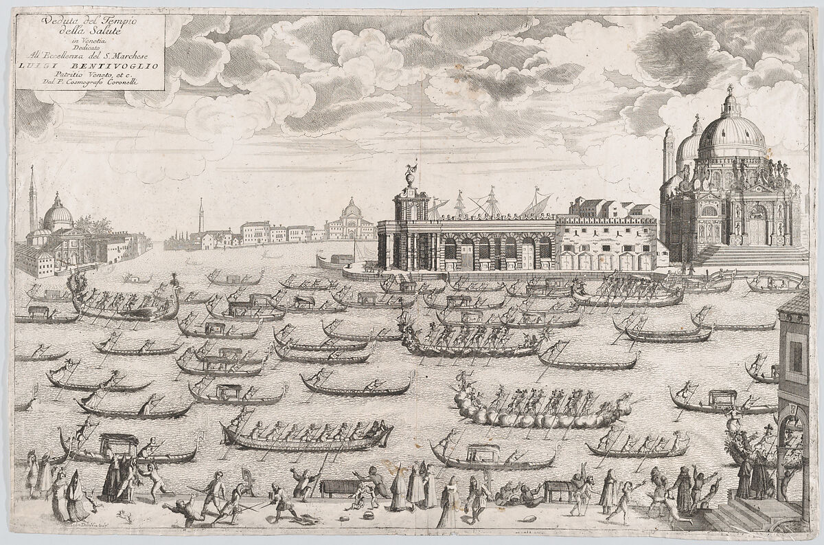 View of the church of Santa Maria della Salute in Venice, a regatta taking place on the canal, Alessandro della Via (Italian, active 1688–1724), Etching 