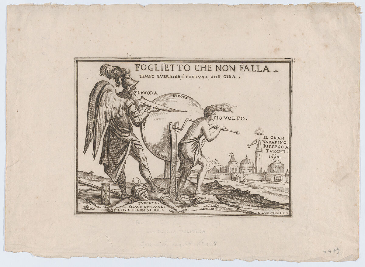 An allegory relating to the fortunes of the Turks, a winged figure probably representing Time stands on a fallen Turk while sharpening a blade on a wheel inscribed with the continents that is being turned by a semi-dressed figure, at right the city of Vardino (northwest Romania near the Hungarian border) that was held by the Turks from 1660 to 1692., Giuseppe Maria Mitelli (Italian, Bologna (?) 1634–1718 Bologna), Etching 