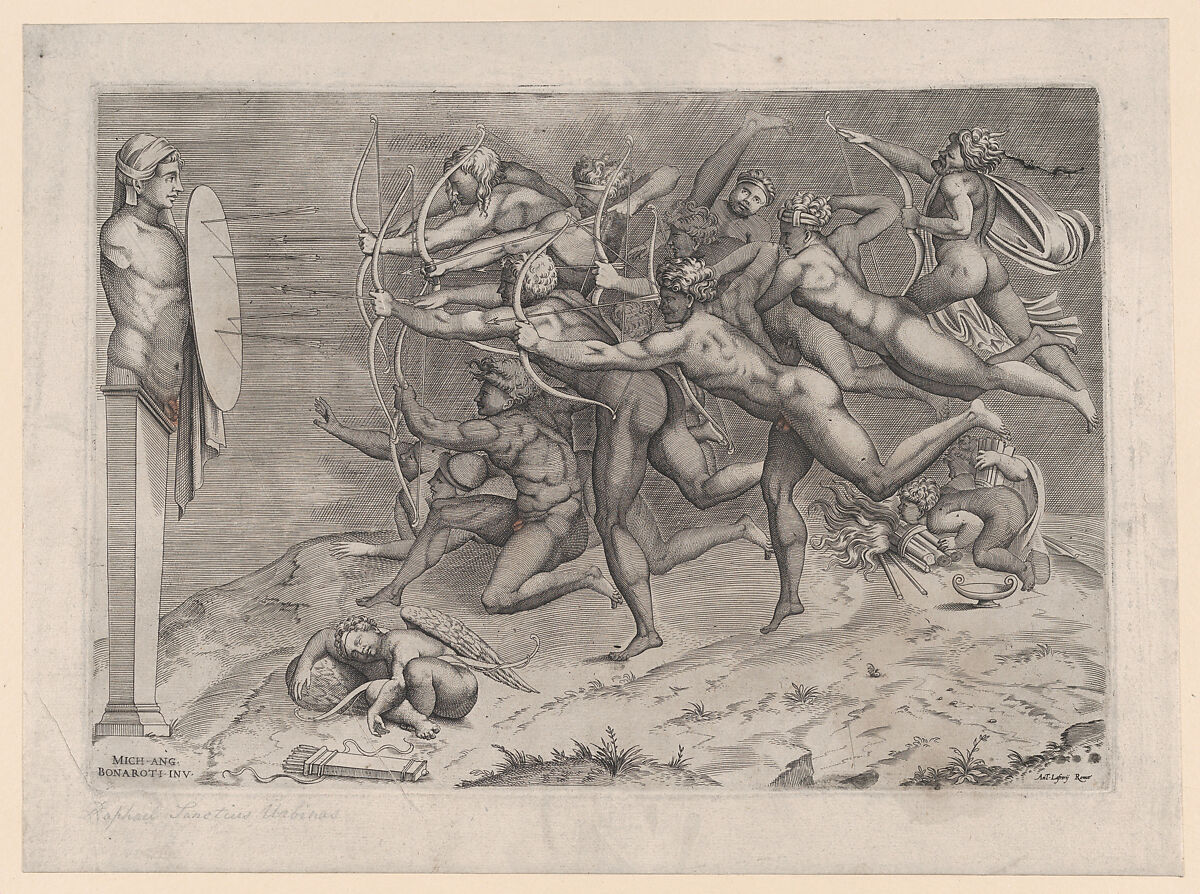 Naked archers shooting at a target attached to a herm, Cupid sleeping below, possibly an allegory related to vice, Nicolas Beatrizet (French, Lunéville 1515–ca. 1566 Rome (?)), Engraving, red wash on the exposed penises presumably to obscure them 