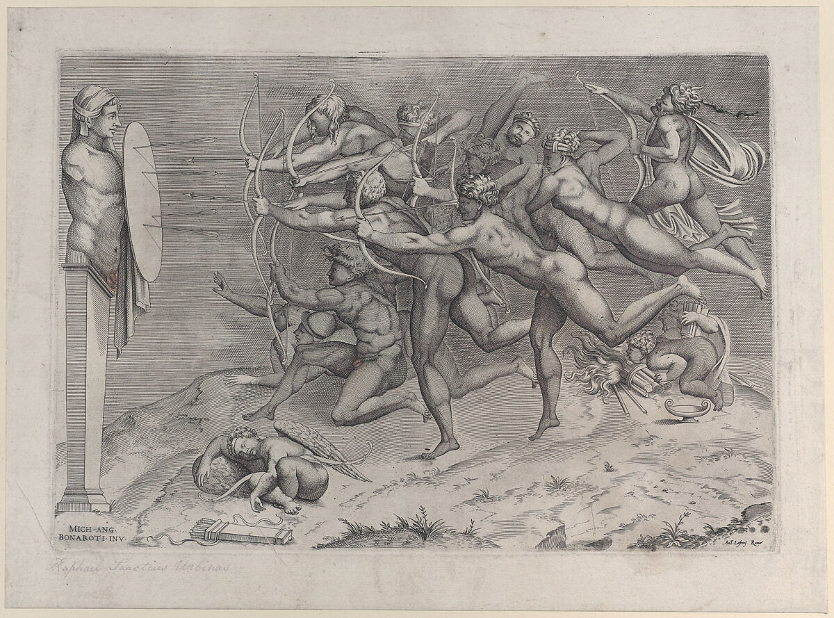 Naked archers shooting at a target attached to a herm, Cupid sleeping below, possibly an allegory related to vice, Nicolas Beatrizet (French, Lunéville 1515–ca. 1566 Rome (?)), Engraving, red wash on the exposed penises presumably to obscure them
