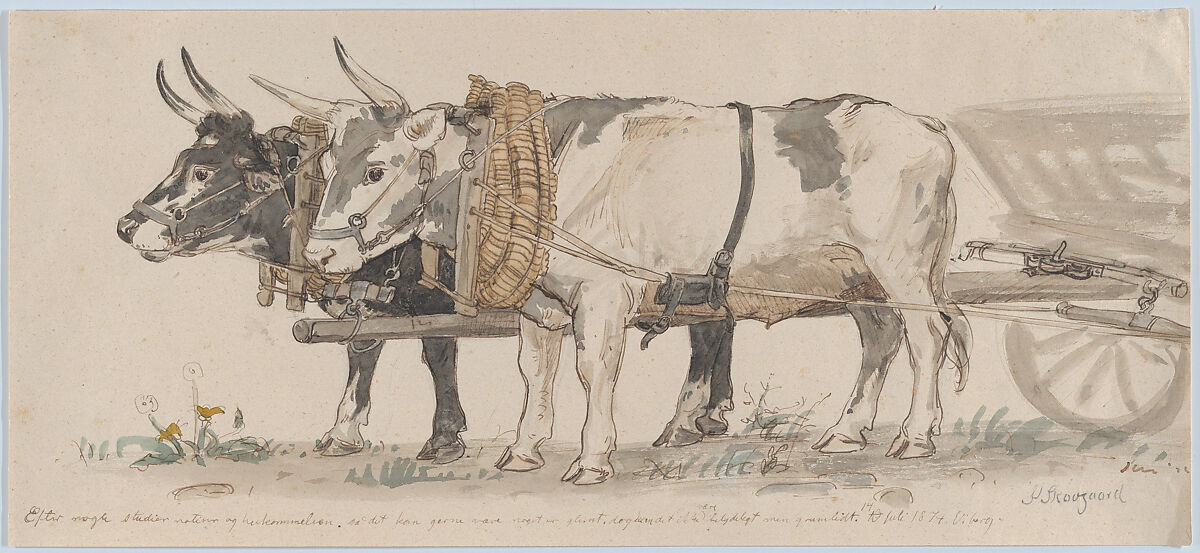 Two Oxen Pulling a Cart, Peter Christian Thamsen Skovgaard (Danish, Ringsted 1817–1875 Copenhagen), Pen and brown ink, brush and brown-gray ink, watercolor 