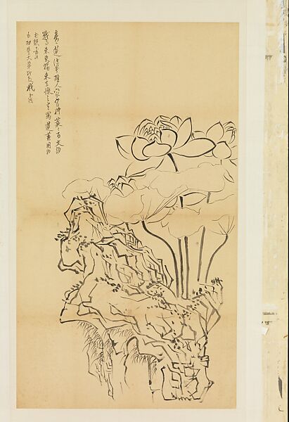 Lotus and Rock, after Chen Hongshou, Xie Zhiliu (Chinese, 1910–1997), Drawing mounted as a hanging scroll; ink on tracing paper, China 