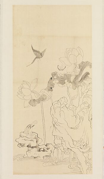 Butterflies, Bird, Lotus, and Rock, after Chen Hongshou, Xie Zhiliu (Chinese, 1910–1997), Drawing mounted as a hanging scroll; ink on tracing paper, China 