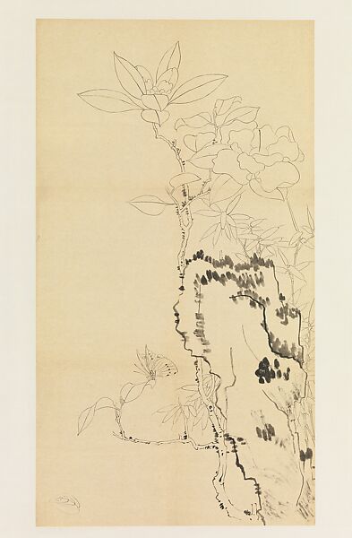 Camellia, Rock, and Butterfly, after Chen Hongshou, Xie Zhiliu (Chinese, 1910–1997), Drawing mounted as a hanging scroll; ink on tracing paper, China 