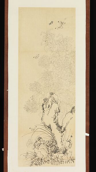 Chrysanthemums, Butterflies, and Rocks, Xie Zhiliu (Chinese, 1910–1997), Drawing mounted as a hanging scroll; ink on tracing paper, China 