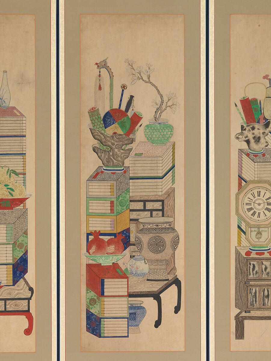 Books and Scholars' Possessions, Unidentified artist, Ten-panel folding screen; ink and color on silk, Korea