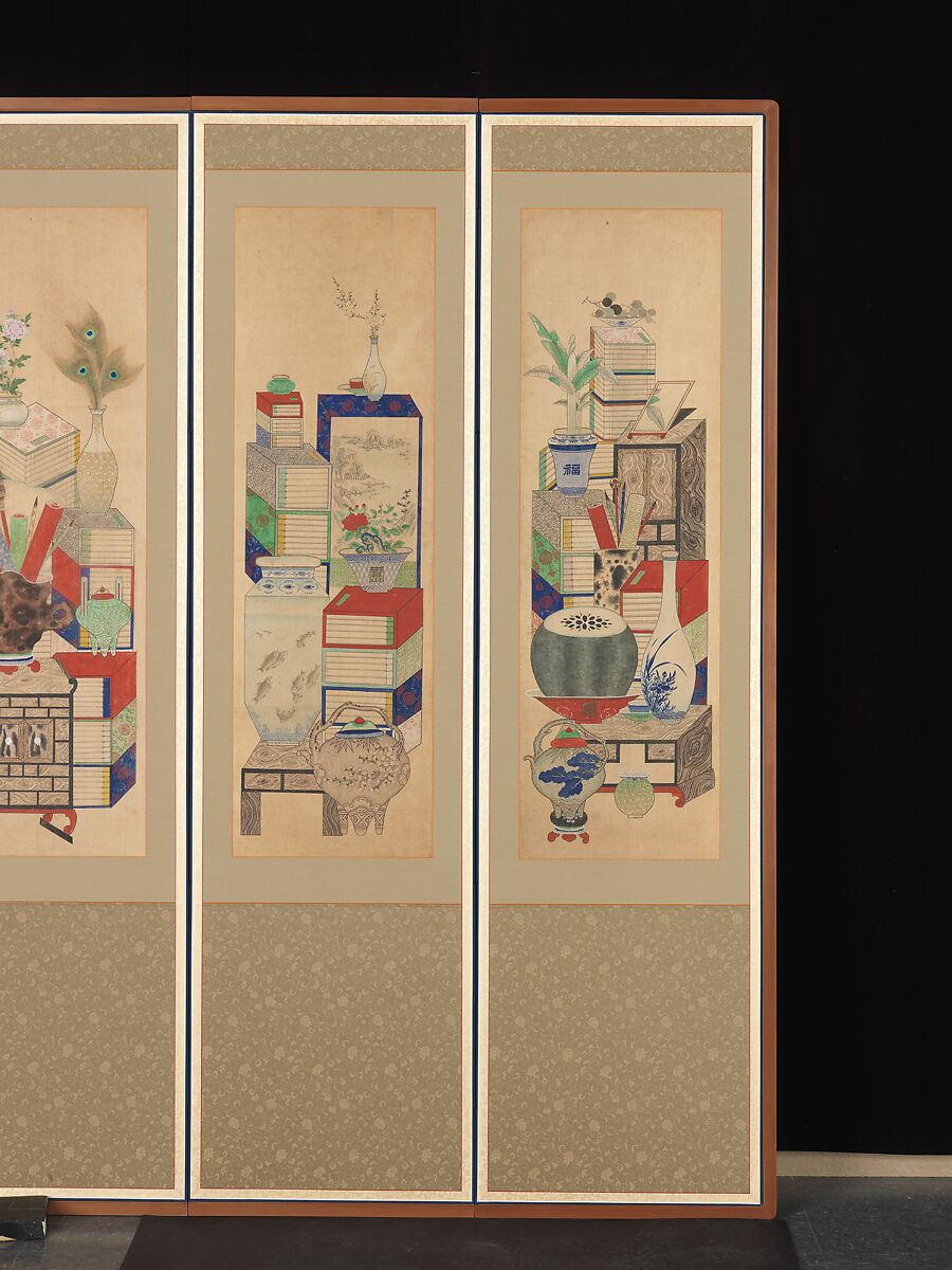 Books and Scholars' Possessions, Unidentified artist, Ten-panel folding screen; ink and color on silk, Korea