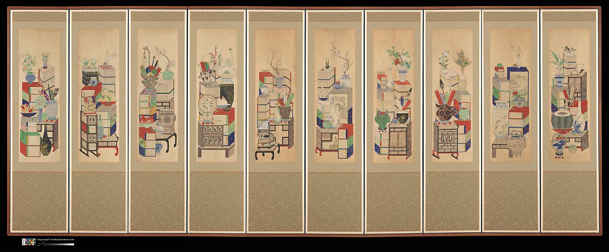 Books and Scholars' Possessions, Unidentified artist, Ten-panel folding screen; ink and color on silk, Korea 
