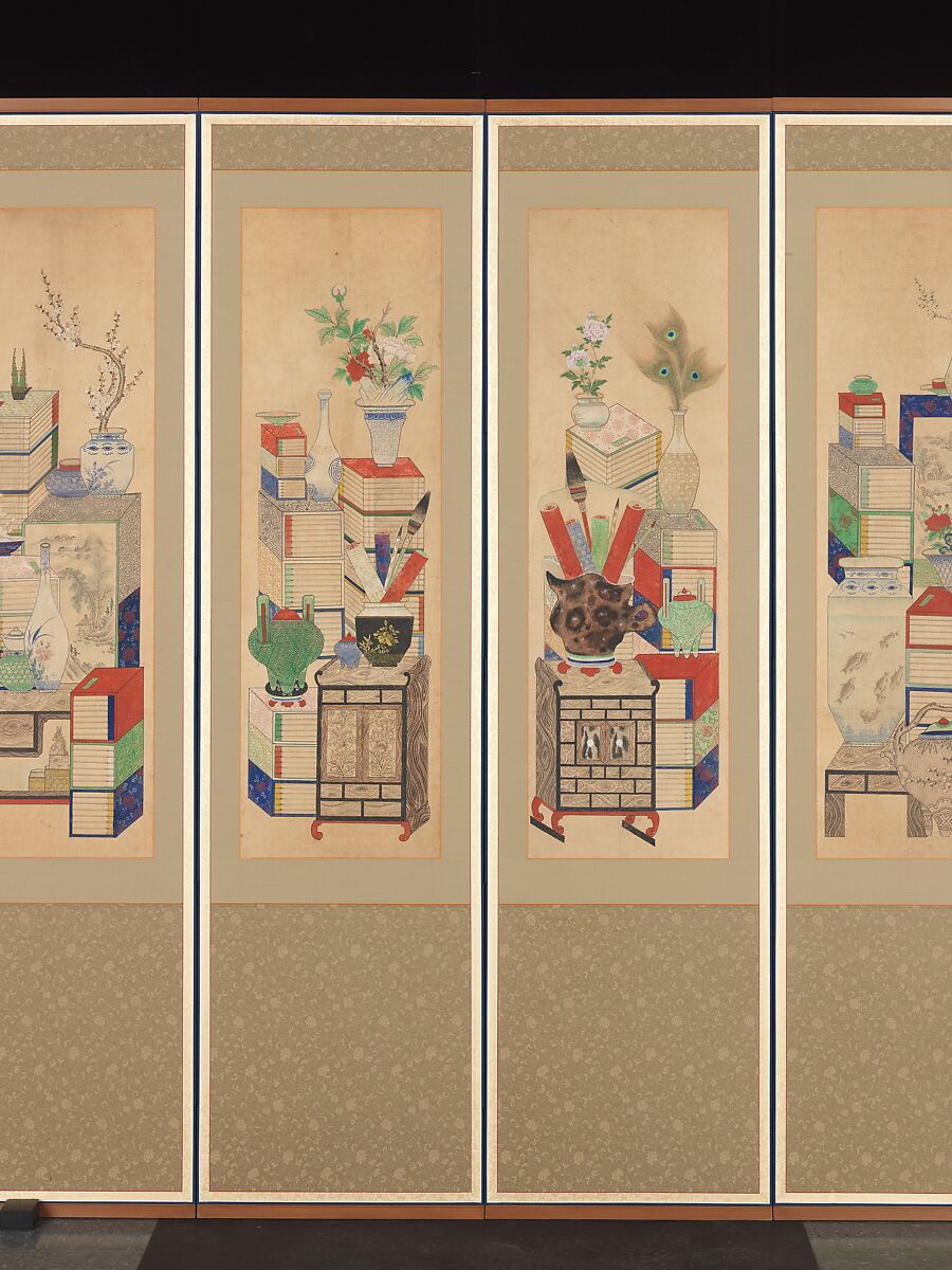 Books and Scholars' Possessions, Unidentified artist, Ten-panel folding screen; ink and color on silk, Korea