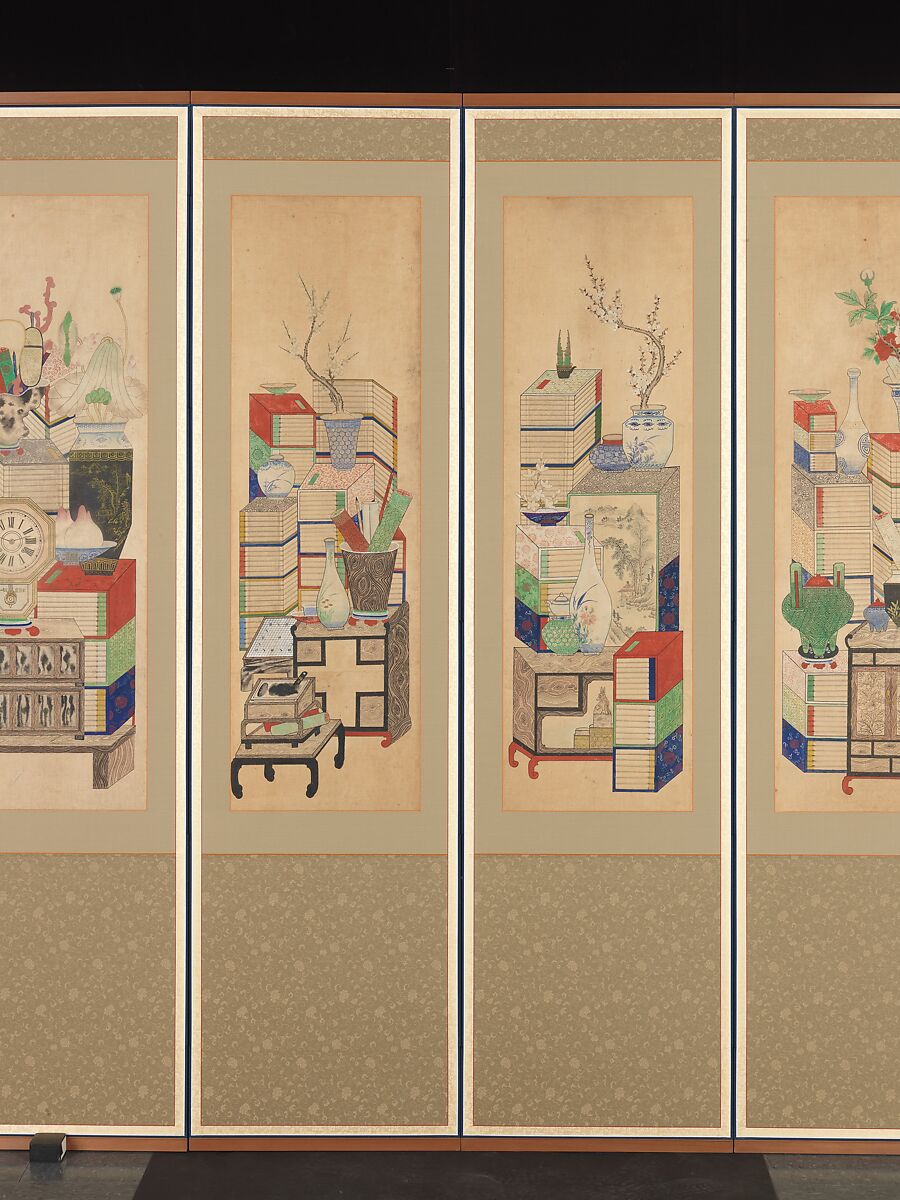 Books and Scholars' Possessions, Unidentified artist, Ten-panel folding screen; ink and color on silk, Korea