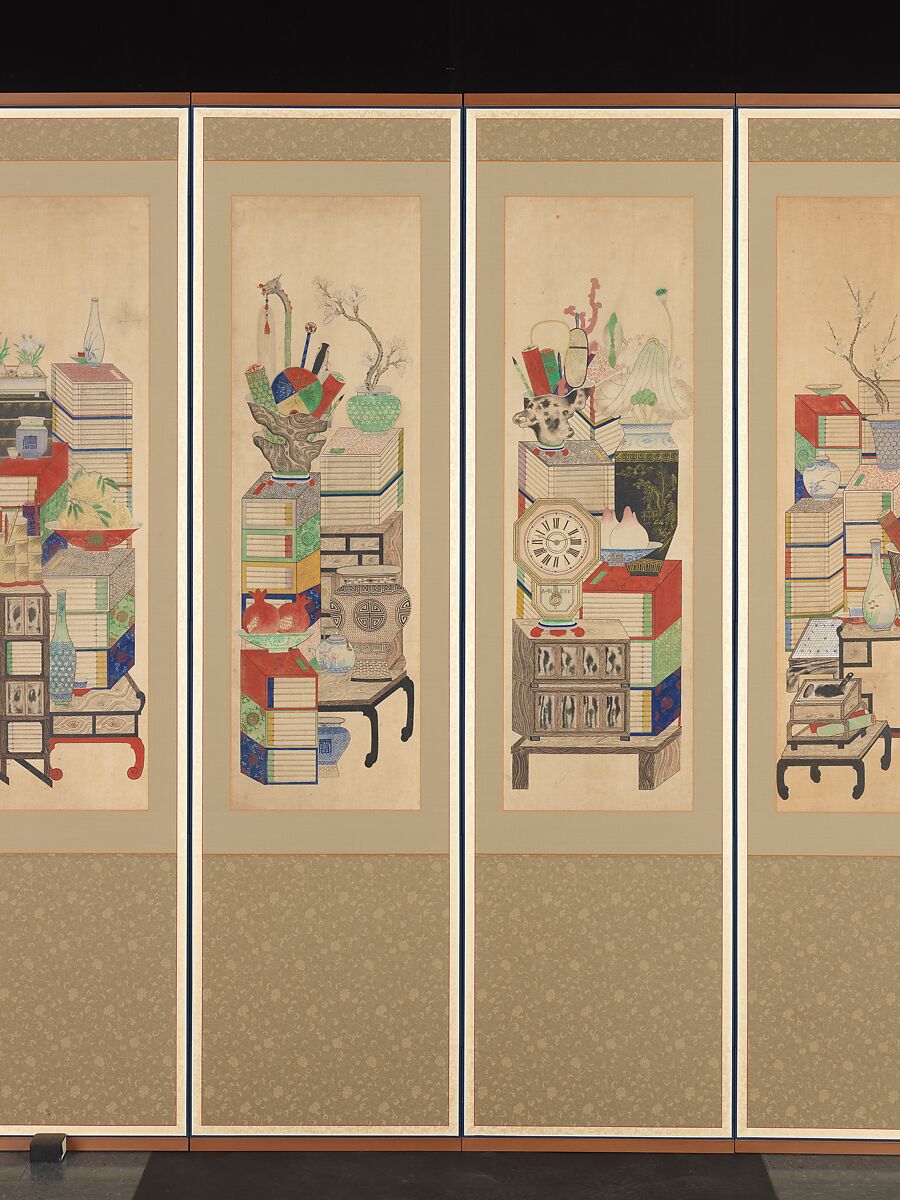 Books and Scholars' Possessions, Unidentified artist, Ten-panel folding screen; ink and color on silk, Korea