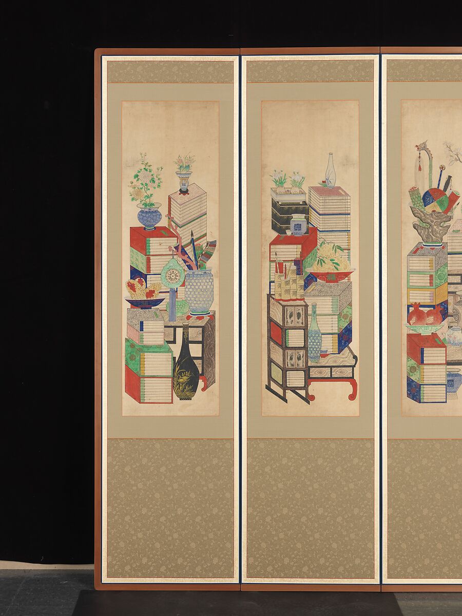 Books and Scholars' Possessions, Unidentified artist, Ten-panel folding screen; ink and color on silk, Korea