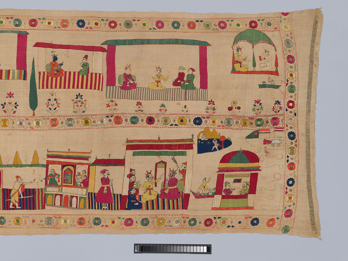 Festival Banner Showing Krishna Rescuing and Marrying Rukmini, Cotton embroidered with floss silk dyed with safflower, cochineal, lac, and indigo, and metal-wrapped thread, India, Punjab Hills, kingdom of Chamba 