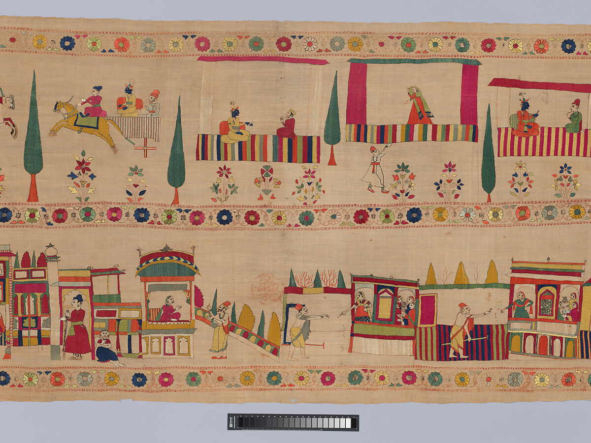 Festival Banner Showing Krishna Rescuing and Marrying Rukmini, Cotton embroidered with floss silk dyed with safflower, cochineal, lac, and indigo, and metal-wrapped thread, India, Punjab Hills, kingdom of Chamba