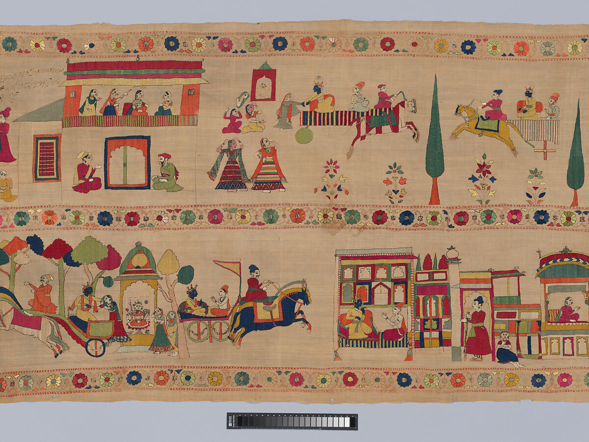 Festival Banner Showing Krishna Rescuing and Marrying Rukmini, Cotton embroidered with floss silk dyed with safflower, cochineal, lac, and indigo, and metal-wrapped thread, India, Punjab Hills, kingdom of Chamba