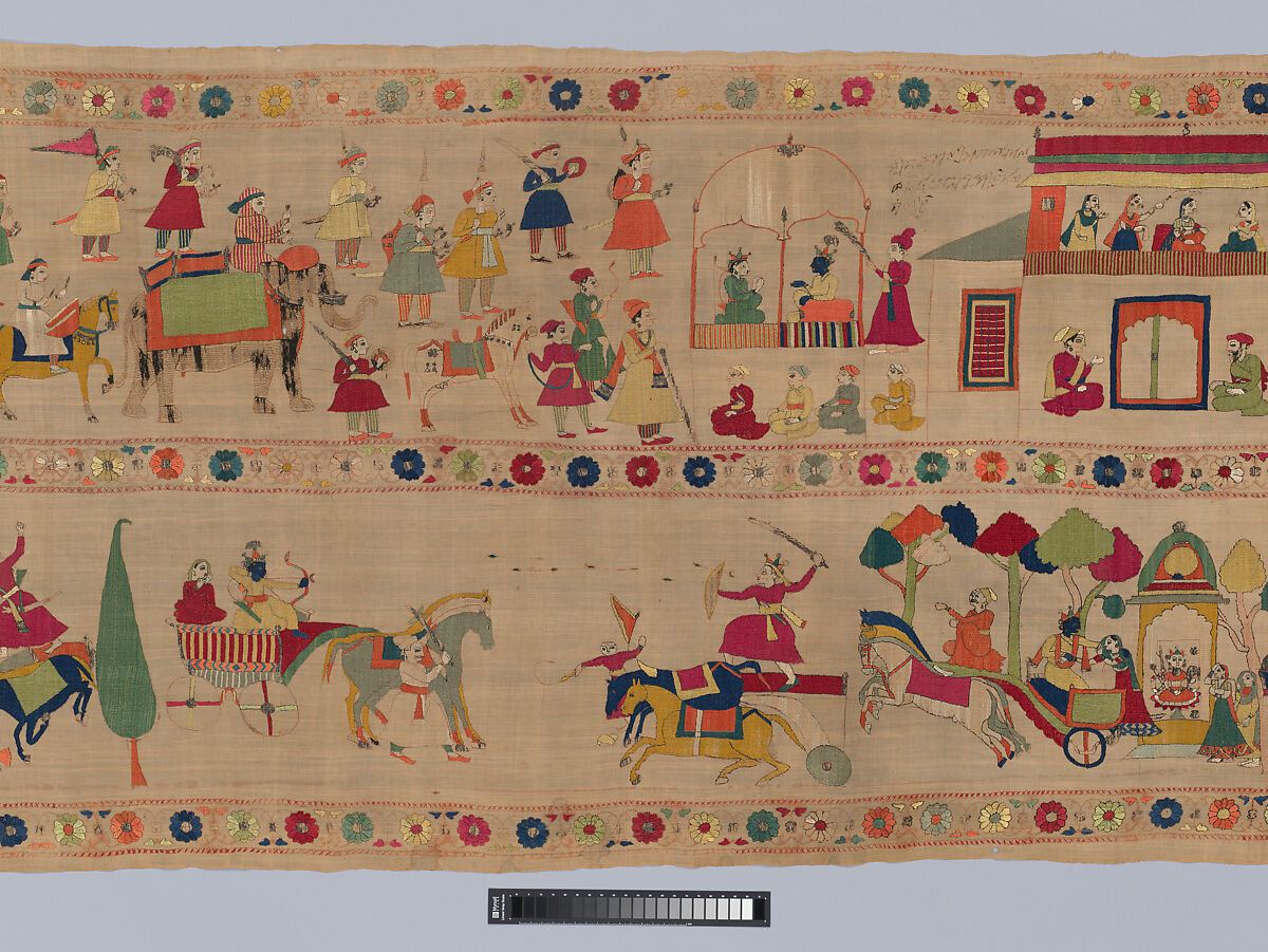 Festival Banner Showing Krishna Rescuing and Marrying Rukmini, Cotton embroidered with floss silk dyed with safflower, cochineal, lac, and indigo, and metal-wrapped thread, India, Punjab Hills, kingdom of Chamba