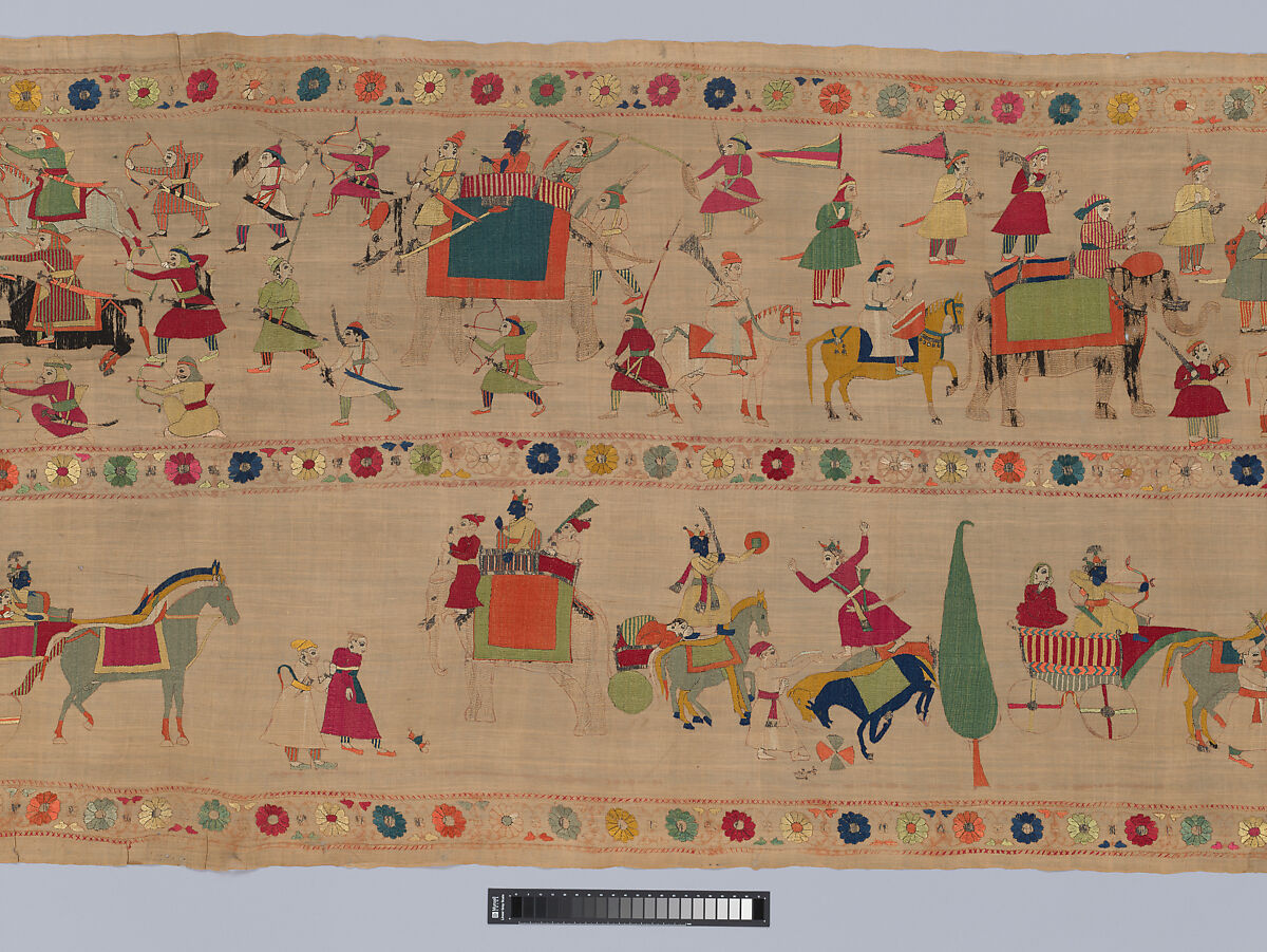 Festival Banner Showing Krishna Rescuing and Marrying Rukmini, Cotton embroidered with floss silk dyed with safflower, cochineal, lac, and indigo, and metal-wrapped thread, India, Punjab Hills, kingdom of Chamba