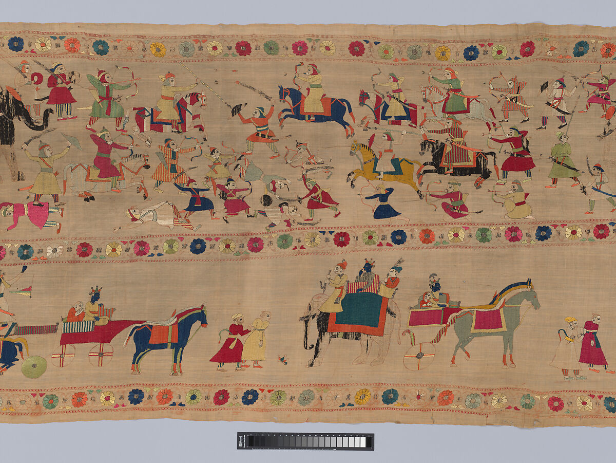 Festival Banner Showing Krishna Rescuing and Marrying Rukmini, Cotton embroidered with floss silk dyed with safflower, cochineal, lac, and indigo, and metal-wrapped thread, India, Punjab Hills, kingdom of Chamba