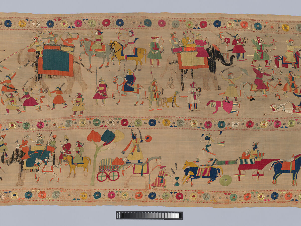 Festival Banner Showing Krishna Rescuing and Marrying Rukmini, Cotton embroidered with floss silk dyed with safflower, cochineal, lac, and indigo, and metal-wrapped thread, India, Punjab Hills, kingdom of Chamba