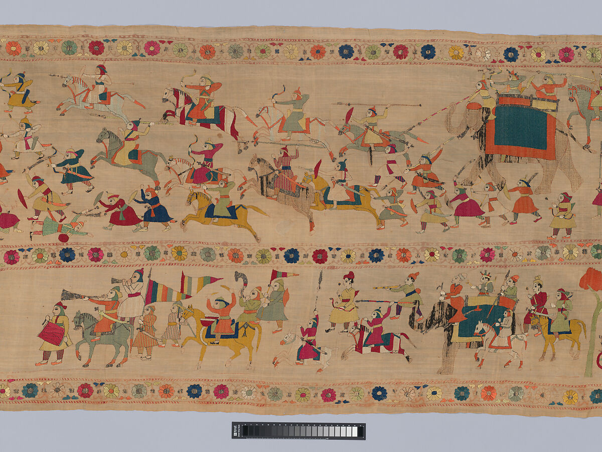 Festival Banner Showing Krishna Rescuing and Marrying Rukmini, Cotton embroidered with floss silk dyed with safflower, cochineal, lac, and indigo, and metal-wrapped thread, India, Punjab Hills, kingdom of Chamba