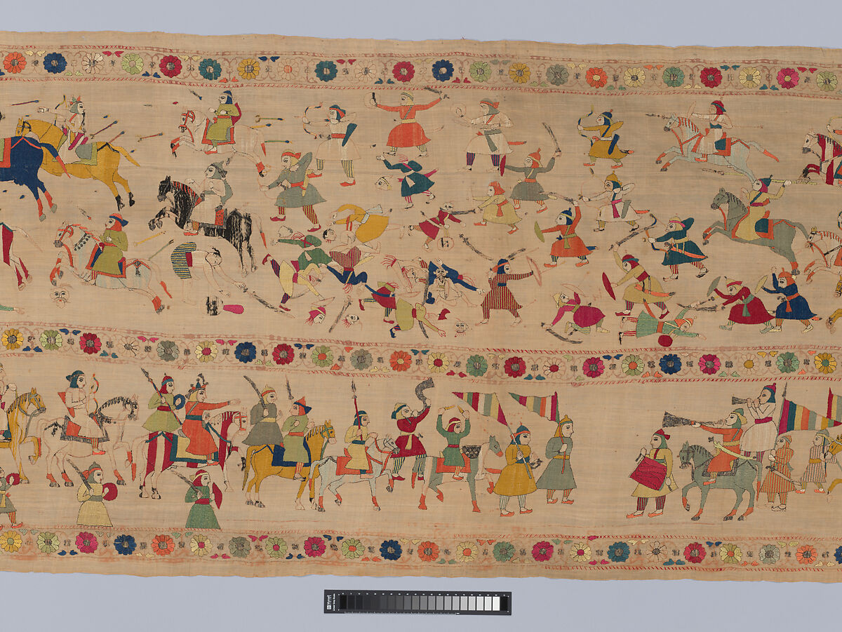 Festival Banner Showing Krishna Rescuing and Marrying Rukmini, Cotton embroidered with floss silk dyed with safflower, cochineal, lac, and indigo, and metal-wrapped thread, India, Punjab Hills, kingdom of Chamba