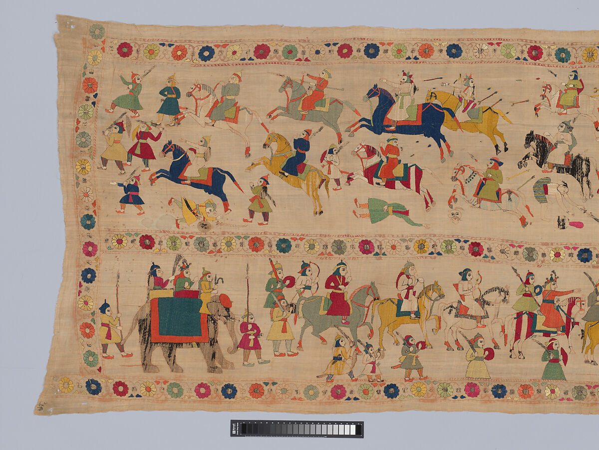 Festival Banner Showing Krishna Rescuing and Marrying Rukmini, Cotton embroidered with floss silk dyed with safflower, cochineal, lac, and indigo, and metal-wrapped thread, India, Punjab Hills, kingdom of Chamba