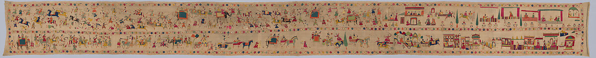 Festival Banner Showing Krishna Rescuing and Marrying Rukmini, Cotton embroidered with floss silk dyed with safflower, cochineal, lac, and indigo, and metal-wrapped thread, India, Punjab Hills, kingdom of Chamba