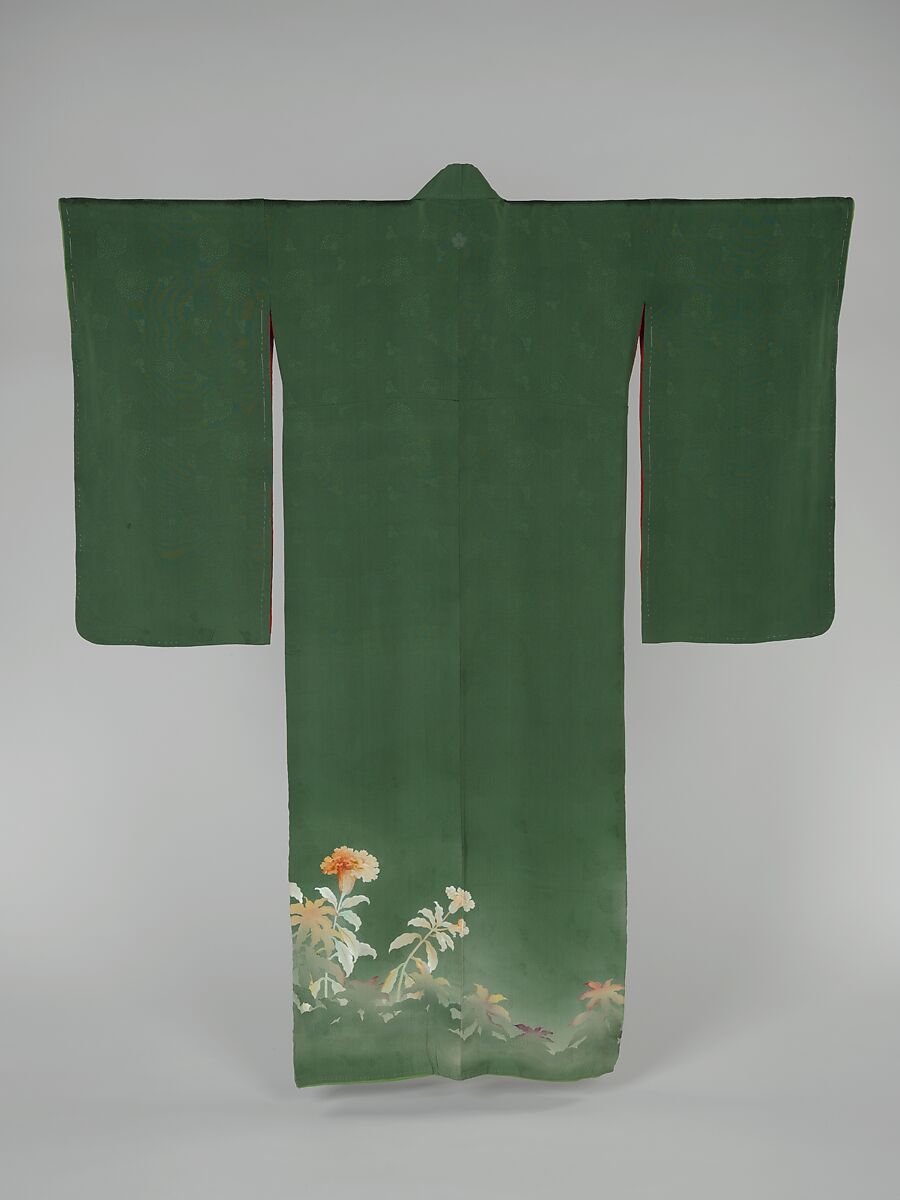 Kimono with Cockscomb Flowers, Paste-resist dyed (yūzen) and painted satin damask, Japan 