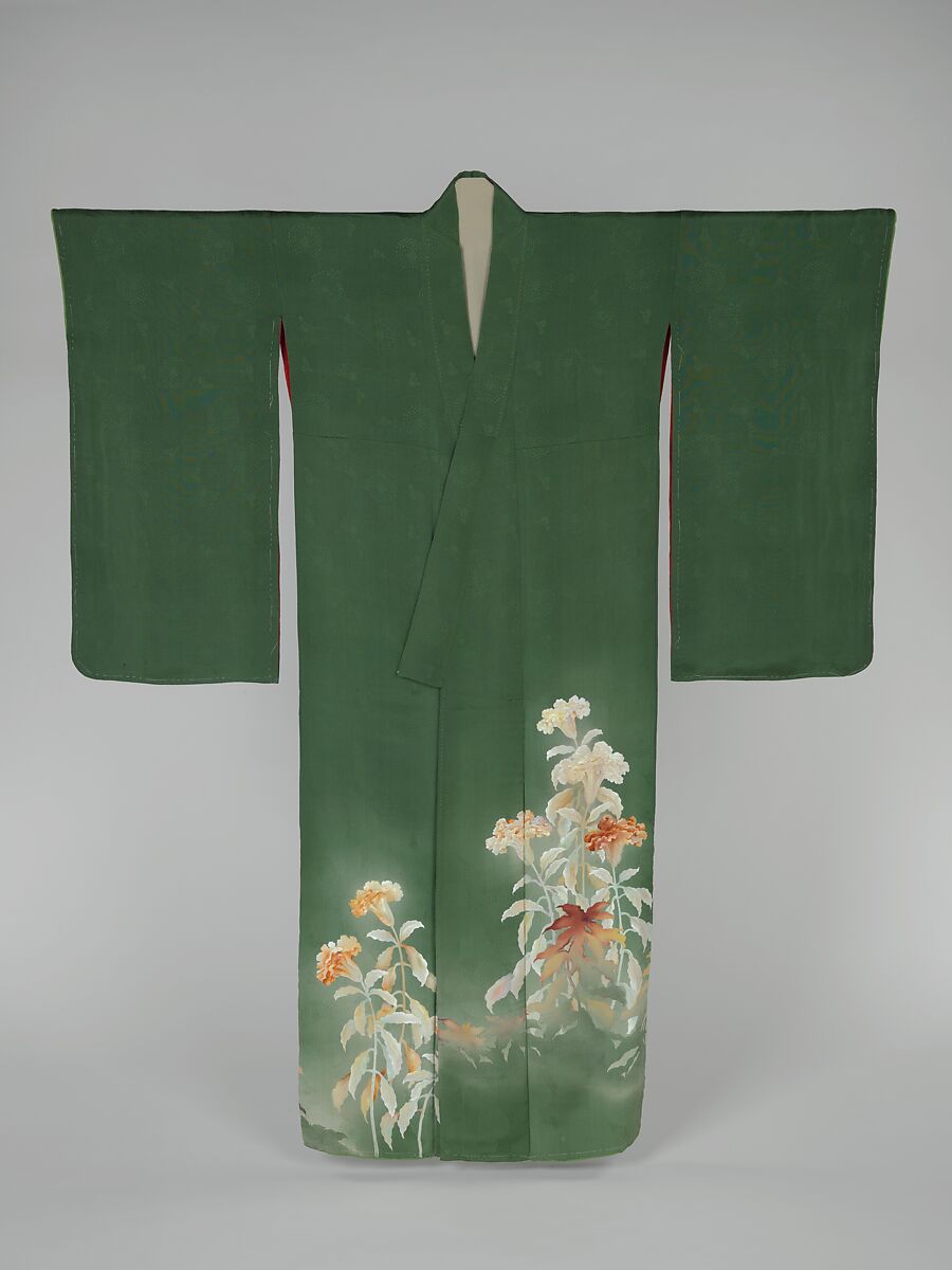 Kimono with Cockscomb Flowers, Paste-resist dyed (yūzen) and painted satin damask, Japan