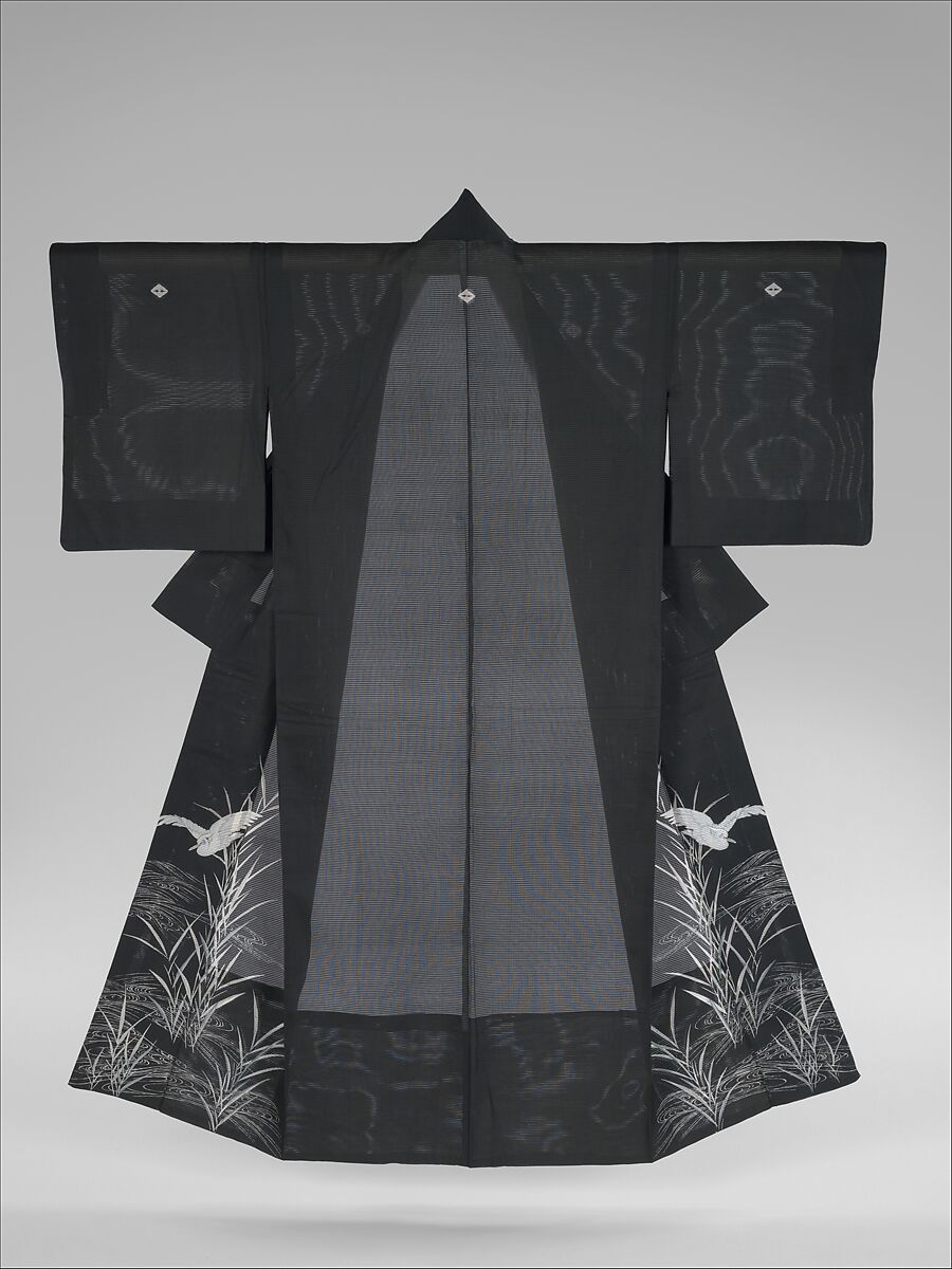 Summer Kimono (Hito-e) with Heron and Reeds, Resist-dyed, painted, and embroidered silk gauze (ro), Japan