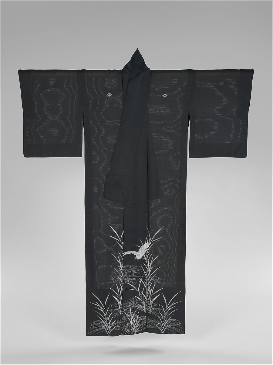 Summer Kimono (Hito-e) with Heron and Reeds, Resist-dyed, painted, and embroidered silk gauze (ro), Japan 