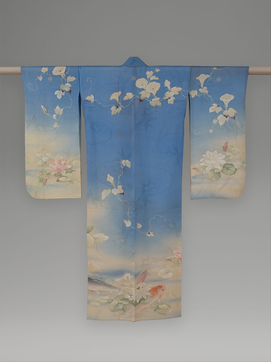Unlined Summer Kimono (Hito-e) with Carp, Water Lilies, and Morning Glories, Resist-dyed, painted, and embroidered silk gauze with plain-weave patterning, Japan 