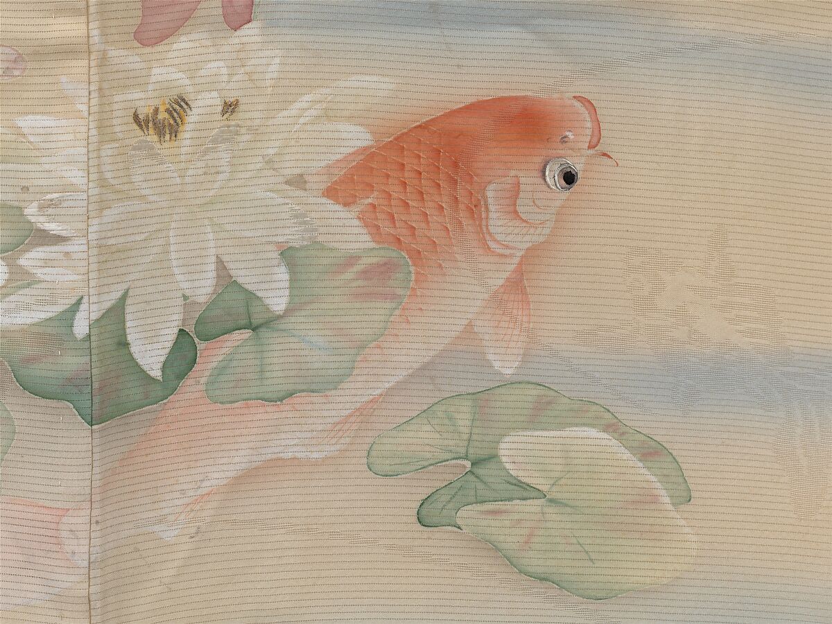 Unlined Summer Kimono (Hito-e) with Carp, Water Lilies, and Morning Glories, Resist-dyed, painted, and embroidered silk gauze with plain-weave patterning, Japan