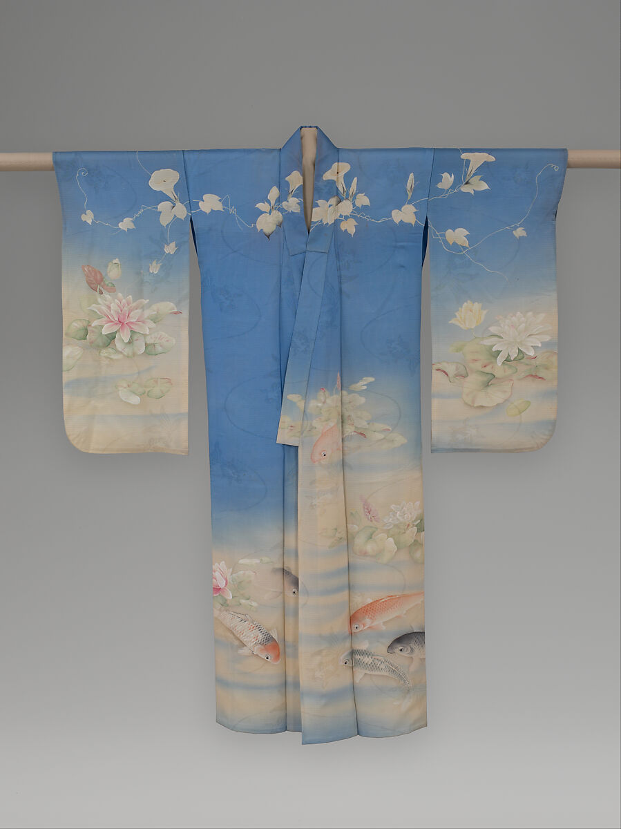 Unlined Summer Kimono (Hito-e) with Carp, Water Lilies, and Morning Glories, Resist-dyed, painted, and embroidered silk gauze with plain-weave patterning, Japan