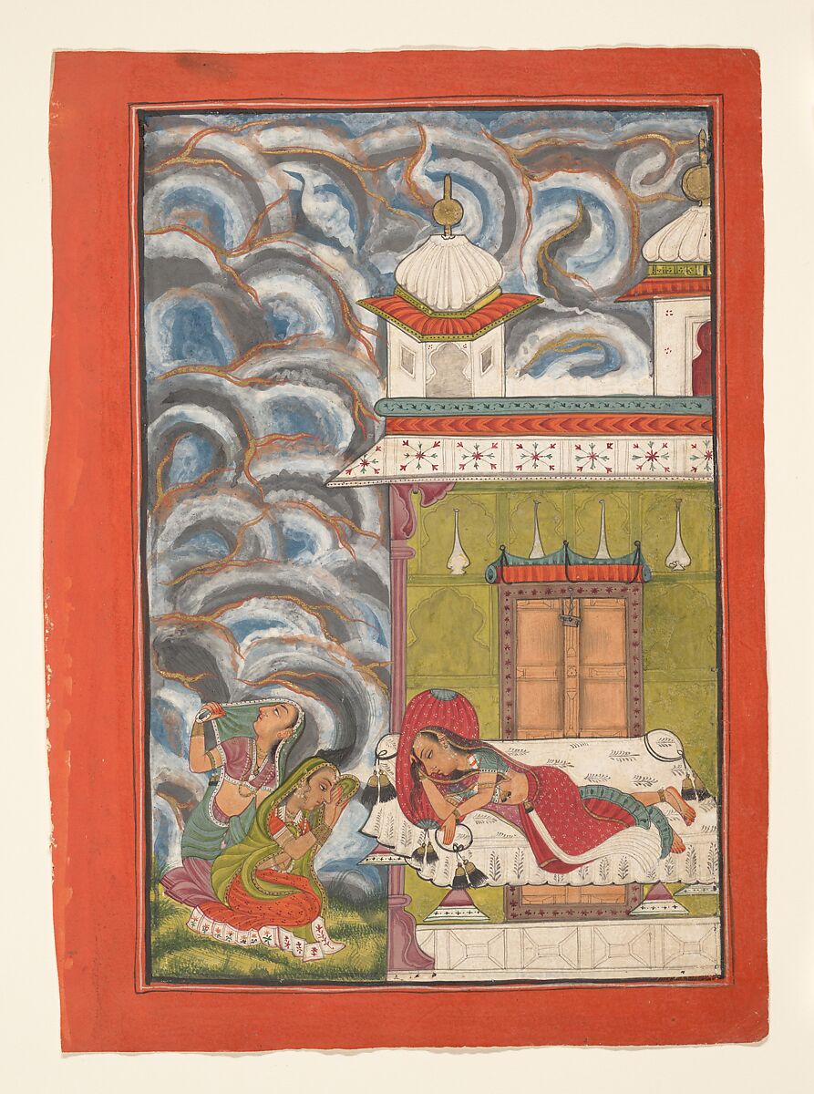 Andhrayaki Ragini: Folio from a ragamala series (Garland of Musical Modes), Ink, opaque watercolor, and gold on paper, India (Himachal Pradesh, Bilaspur) 